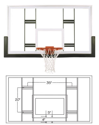 image of FT239 42x72x1/2 Competition Glass Basketball Backboard Mounts directly to structures where fan-shaped backboards previously were